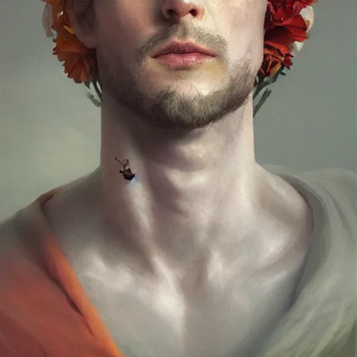 Image similar to a floral man, self - portrait!!!!, beautiful photorealistic imagery, soft lighting, soft atmosphere, 4 k, 8 k, trending on artstation, cgsociety contest winner, illustrated by greg rutkowski and shot by jimmy nelson