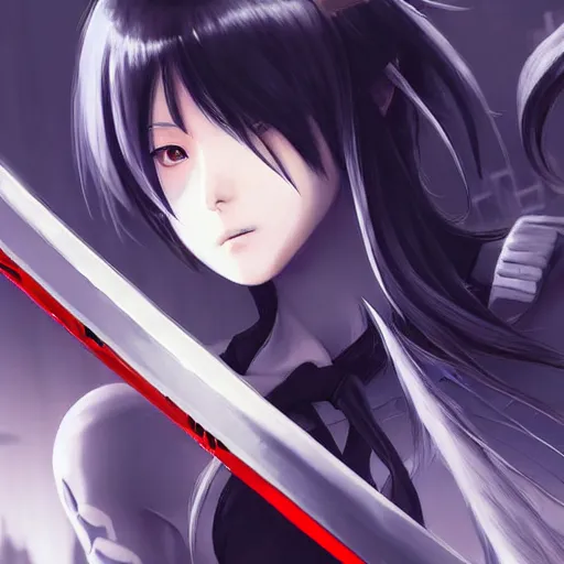 Image similar to advanced digital anime art, cyberpunk girl with silver and red eyes with long black hair wielding a katana , painted by RossDraws in the style of Makoto Shinkai, very high detail, medium sensor , Gaussian blur, f/15 , 35mm —W 1920 —H 1080