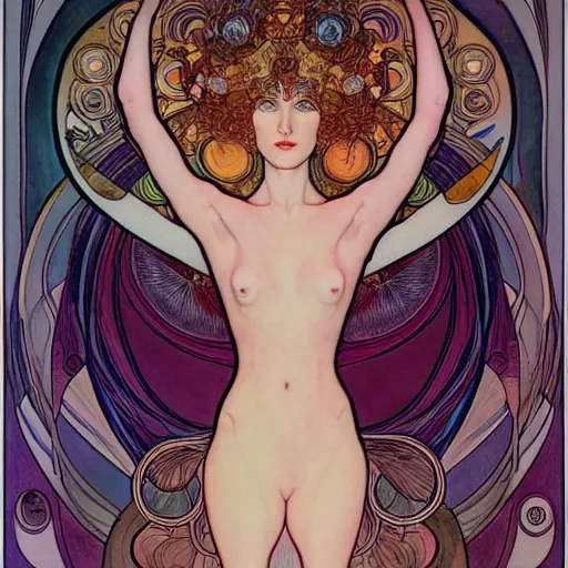 Image similar to The Goddess of Creation, beautiful eyes, symmetrical face, paint, ink, palettes, spectrum, in the style of Joshua Middleton, Mucha, Kandinsky