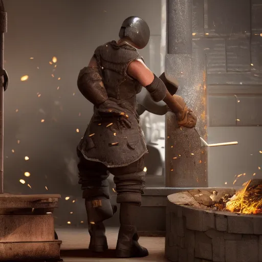 Prompt: Blacksmith creates new element with hammer, arnold render, ultrarealistic, bloom, mythic