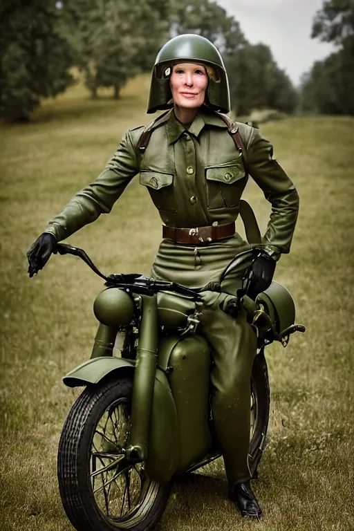 Image similar to 5 0 mm f 8 full body portrait photography of a retro future wwii airborne infantry soldier riding a futuristic motorcycle who's a mix of claire danes and liv ullmann with green eyes and very long striped hair, wearing an aaf wwii leather flying helmet and goggles, with green eyes, smirking, setting is wwii trenches, by jovana rikalo