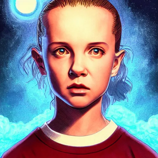 Image similar to eleven from stranger things, nighttime, outdoors, intricate, highly detailed, digital painting, artstation, official media, anime key visual, concept art, ambient lighting, sharp focus, 1980's anime style, art by Artgerm, Makoto Shinkai, Ilya Kuvshinov, Lois Van Baarle, and Rossdraws