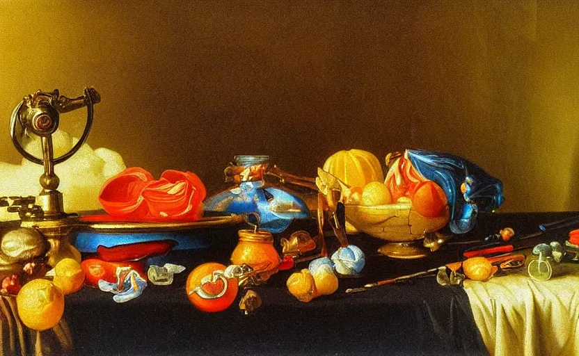 Image similar to beautiful colorful oil painting dutch golden age vanitas still life with gorgeous futuristic objects shiny transparent surfaces shiny metal devices insect nanotech rachel ruysch dali todd schorr very detailed perfect composition rule of thirds masterpiece chiaroscuro canon 5 0 mm, cinematic lighting, photography, retro, film, kodachrome