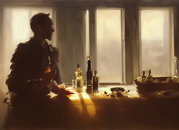 Image similar to oil painting of whiskey bottle, barley grain, art by anders zorn, wonderful masterpiece by greg rutkowski, beautiful cinematic light, backlit, window cast shadows, american romanticism by greg manchess, creation by tyler edlin, folds of fabric, tablecloth