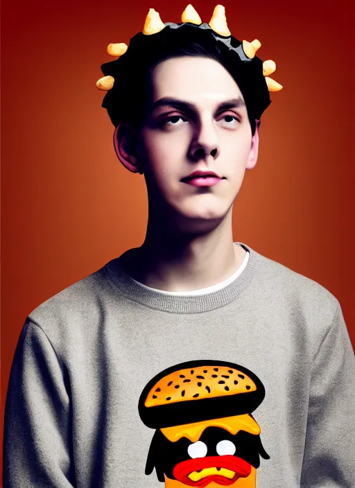 Image similar to portrait of teenage jughead jones wearing a light grey crown, symmetrical crown, sweater with picture of hamburger, eyes closed, crown, black hair, orange, intricate, elegant, glowing lights, warm lighting, highly detailed, digital painting, artstation, concept art, smooth, sharp focus, illustration, art by wlop, mars ravelo and greg rutkowski