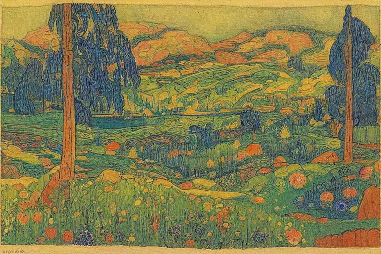 Image similar to a serene landscape by Anton Bilibin