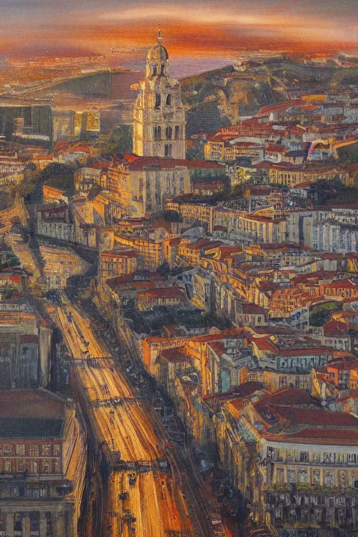 Prompt: Lisbon, oil on canvas by The last day on earth, intricate, portrait, 8k highly professionally detailed, HDR, CGsociety,