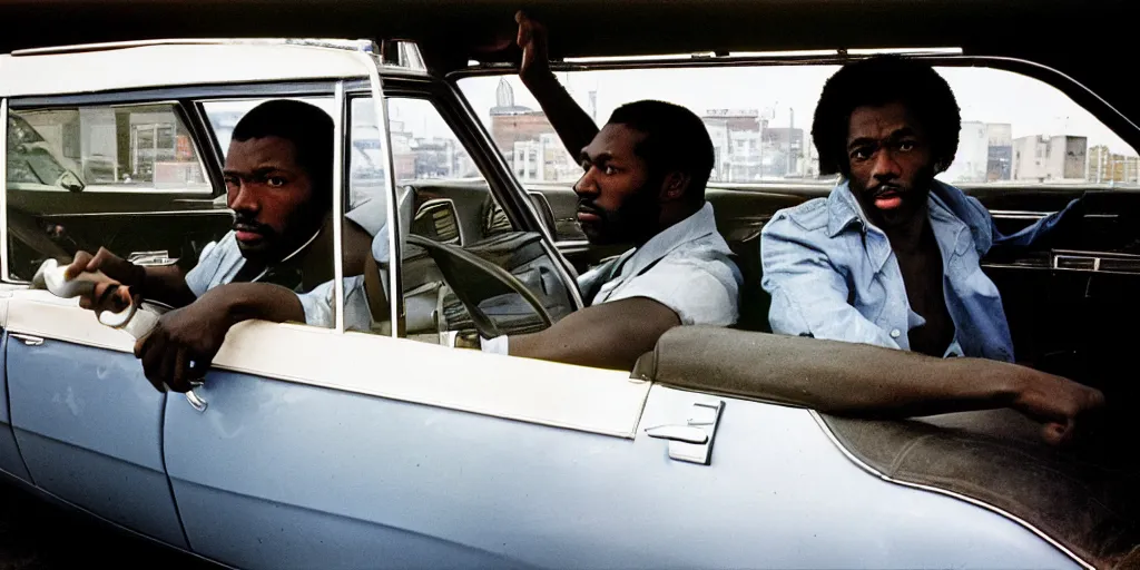 Prompt: bronx, black men sit in the 7 0 s car, holding a magnum, closeup, coloured film photography, bruce davidson photography