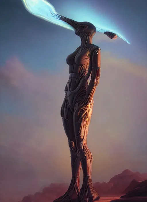 Prompt: biblical female android, birdlike, glowing veins, in clouds, sunset, portrait by wayne barlowe, by peter elson, by anato finnstark, studio lighting, muted colors, by frank frazetta, extreme detail, reflections, trending on artstation, 8 k