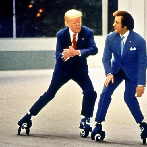 Image similar to joe biden and donald trump rollerskating together in the 1 9 7 0 s, movie still