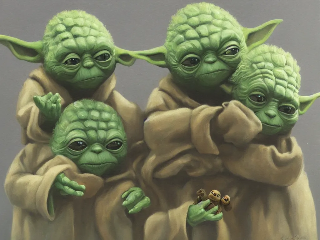 Image similar to old oil painting of yoda and cheburashka holding hands, trending on artstation