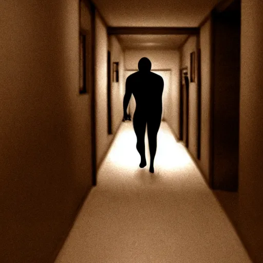 Image similar to hi - 8 night vision camera footage of a barely visible minotaur with red eyes in a dark hallway