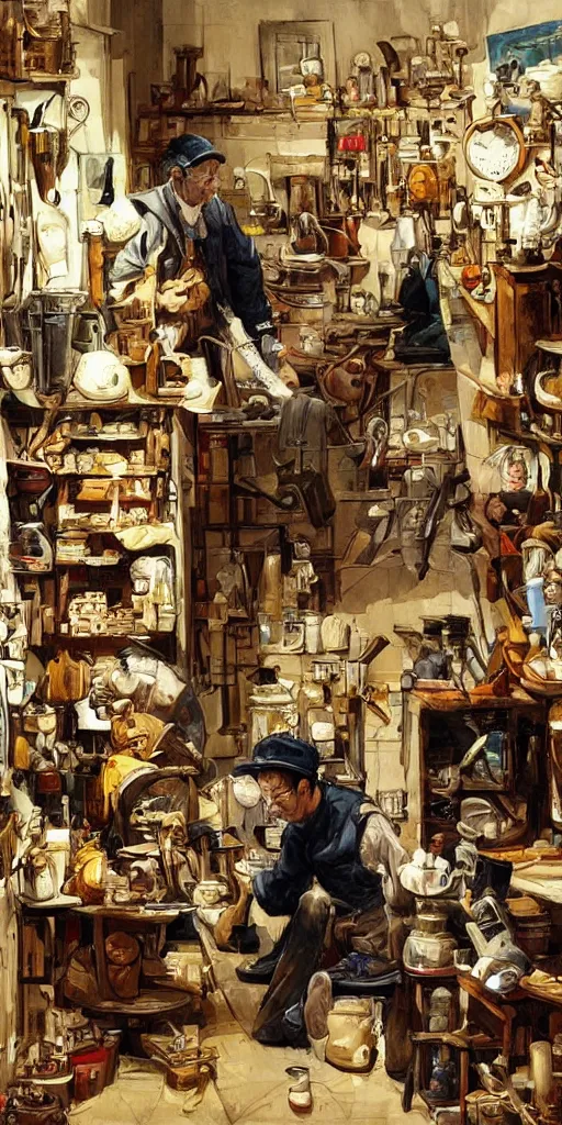 Image similar to oil painting scene from shoemaker's shop by kim jung gi