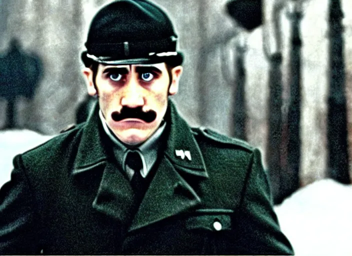 Image similar to jake gyllenhaal as hitler in downfall ( 2 0 0 4 ). grainy movie still