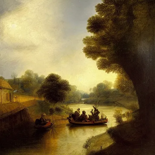 Prompt: An intricate, extremely detailed painting in a style of rembrandt featuring a river in Europe, surrounded by trees and fields. A dinghy is slowly moving through the water. Sun is shining.