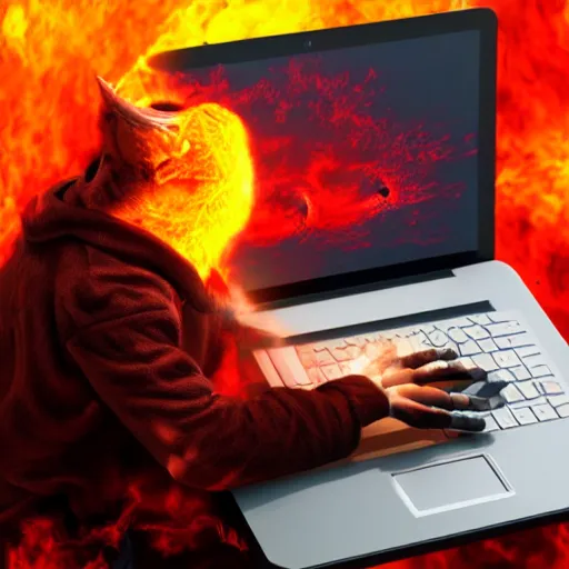 Image similar to a demon ~ using a laptop ~ lava background ~ sitting on a chair ~, 4 k, ultra hd