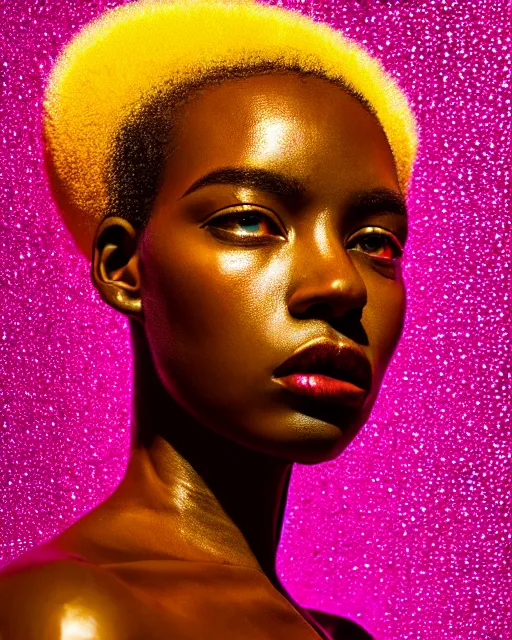 Prompt: hyperrealist highly intricate neo-baroque portrait pink pearlescent exoskeleton beautiful black goddess concept art pascal blanche key sage dramatic yellow lighting 8k high angle shallow depth of field
