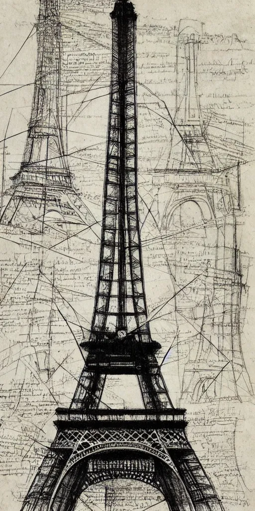 Image similar to architectural design studies of Eiffel Tower, different closeup view, drawn by Leonardo da Vinci, ancient ink draw, artistic, intricated