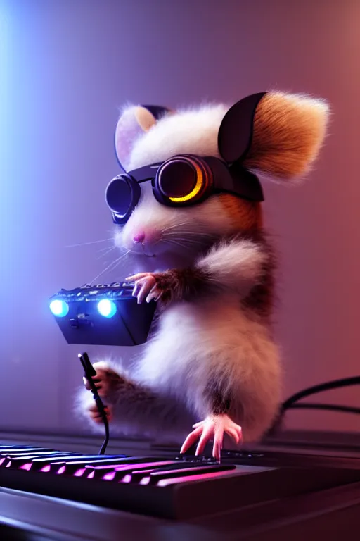 Image similar to high quality 3 d render very cute fluffy cyborg!! rat! plays keyboard, cyberpunk highly detailed, unreal engine cinematic smooth, in the style of blade runner & detective pikachu, hannah yata charlie immer, moody light, low angle, uhd 8 k, sharp focus