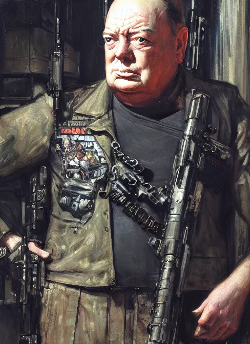 Image similar to winston churchill. cyberpunk mercenary with tattoos wearing a military vest and combat jumpsuit. (Cyberpunk 2077, bladerunner 2049). Iranian orientalist portrait by john william waterhouse and Edwin Longsden Long and Theodore Ralli and Nasreddine Dinet, oil on canvas. Cinematic, hyper realism, realistic proportions, dramatic lighting, high detail 4k