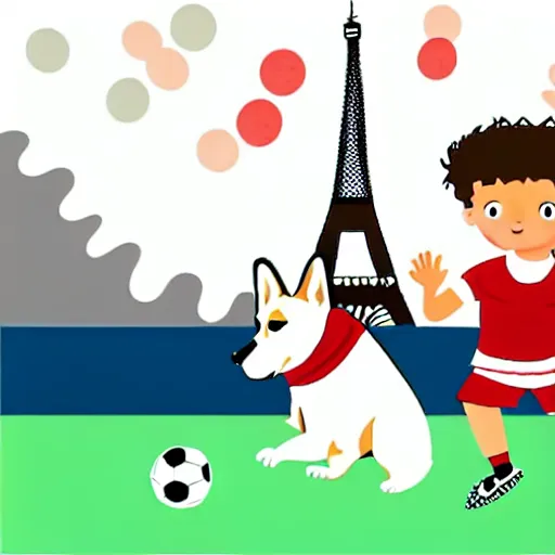 Image similar to illustration of french boy playing football with a corgi wearing a polkadot scarf in front of the eiffel tower