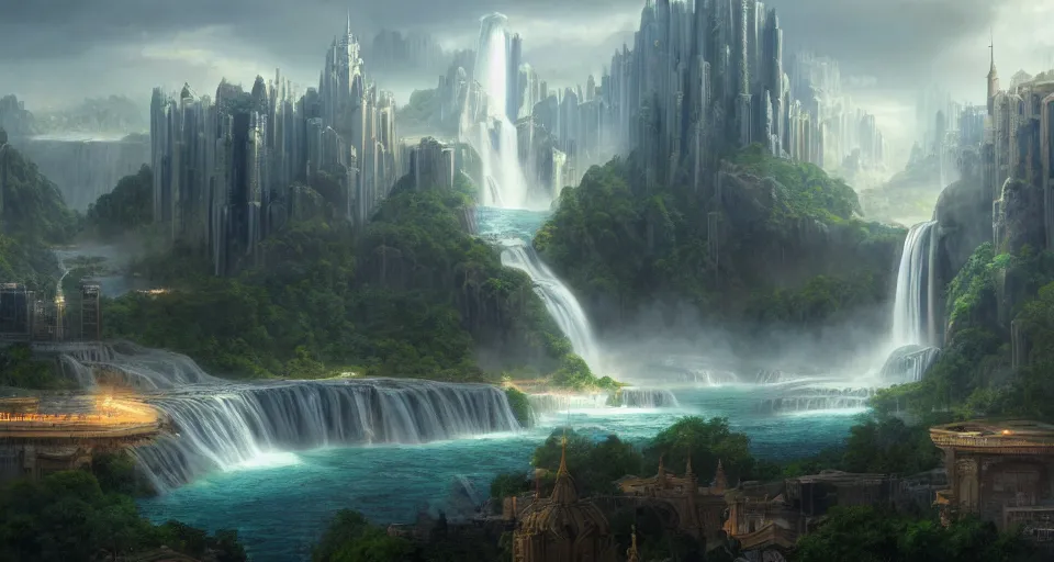 Image similar to a matte painting of beautiful religious science fiction city, with waterfalls, 8 k, cinematic lighting, hd, atmospheric, hyperdetailed, trending on artstation, deviantart, digital painting, concept art smooth sharp focus illustration, art by artgerm and raoul marks