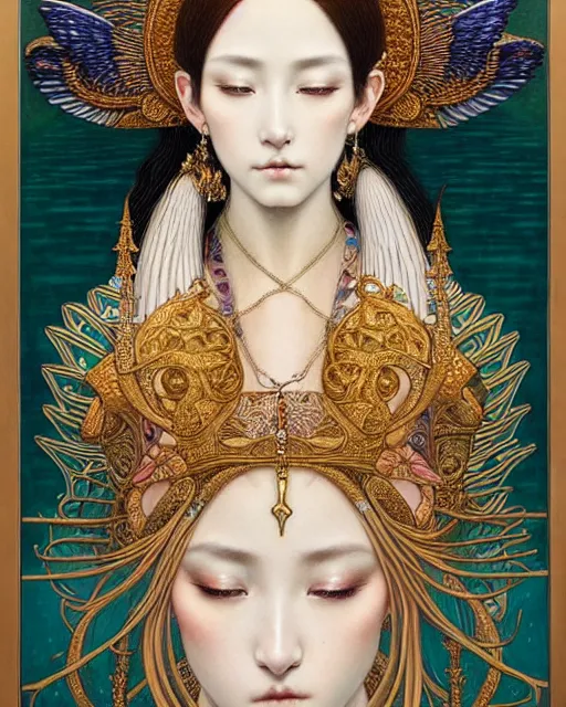 Image similar to portrait of a beautiful goddess of mercy, unusual beauty, esoteric, muted colors, head in focus, fantasy art, ornamental aesthetics intricate, elegant, highly detailed, hyperrealistic painting, artstation, concept art, painterly, sharp focus, illustration, art by chie yoshii