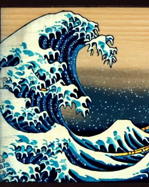 Image similar to an award winning Wood engraving on paper of The Great Wave off Kanagawa