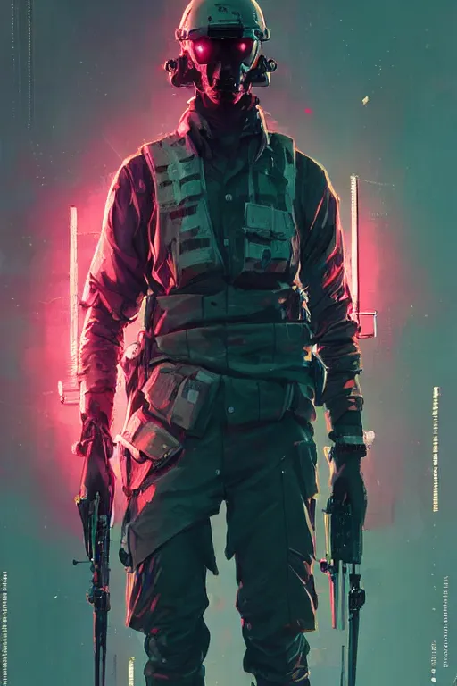 Prompt: soldier from battlefield 1, cyberpunk futuristic neon. decorated with traditional japanese ornaments by ismail inceoglu dragan bibin hans thoma greg rutkowski alexandros pyromallis nekro rene maritte illustrated, perfect face, fine details, realistic shaded, fine - face, pretty face