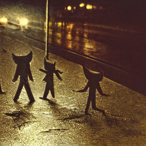 Prompt: several small humanoid creatures running into a storm drain, wet streets, twilight, streetlights, kodachrome,