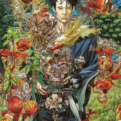 Image similar to portrait of crazy king of hearts with vegetation around, symmetrical, by yoichi hatakenaka, masamune shirow, josan gonzales and dan mumford, ayami kojima, takato yamamoto, barclay shaw, karol bak, yukito kishiro