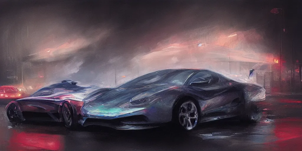 Image similar to full view of a single sport car, surrounded in a detailed smoke, driver leaning on the car, busy wet street at night, painted in dark color holographic pearlescent, elegant, digital painting, concept art, smooth, sharp focus, art style from Wang Ke and Greg Rutkowski and Bruce Kaiser and Scott Robertson and Dmitry Mazurkevich and Doruk Erdem and Jon Sibal, small style cue from Mad Max