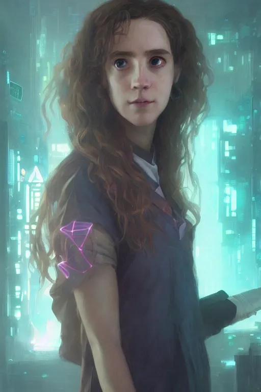 Image similar to portrait of Hermione Granger in cyberpunk, neon lighting, digital art from artstation by Ruan Jia and Mandy Jurgens and Artgerm and william-adolphe bouguereau and Greg Rutkowski and Wayne Barlowe