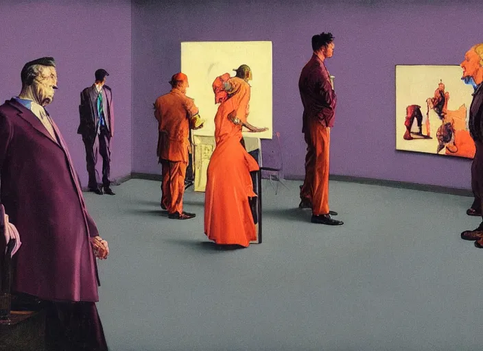 Prompt: a still from the tv series law and order by francis bacon and norman rockwell and james jean, and mark brooks, triadic color scheme, by greg rutkowski, syd mead and edward hopper and norman rockwell and beksinski, dark surrealism, purple and orange and turquoise