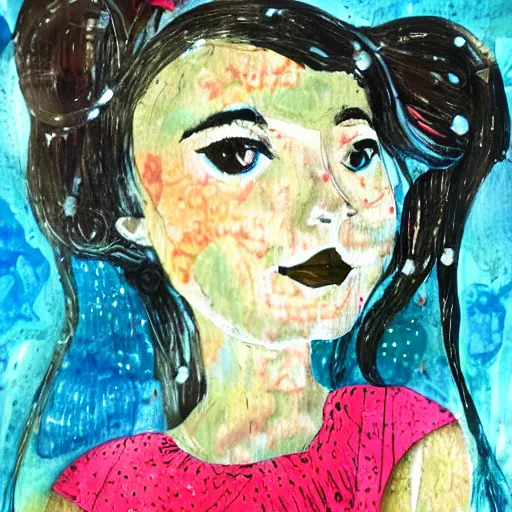 Image similar to a mixed media painting of a whimsical girl