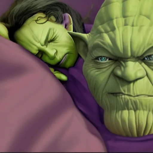 Image similar to photo of thanos sleeping in bed next to yoda