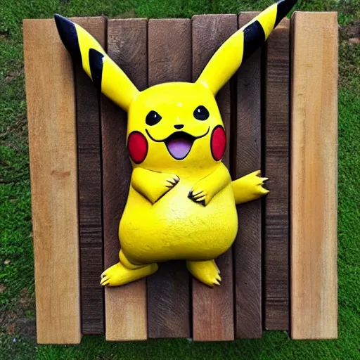 Prompt: Pikachu Sculpture made out of planks