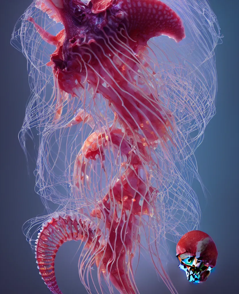 Image similar to human thorax, rib cage, ribs jellyfish phoenix head, nautilus, orchid, skull, betta fish, bioluminiscent creatures, intricate artwork by Tooth Wu and wlop and beeple. octane render, trending on artstation, greg rutkowski very coherent symmetrical artwork. cinematic, hyper realism, high detail, octane render, 8k