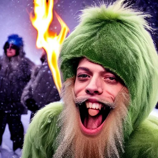 Image similar to pete davidson dressed in a fuzzy green yeti costume in the snow with fire exploding behind him