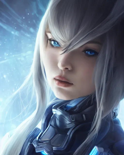 Image similar to detailed portrait of perfect android girl, warframe armor, beautiful face, scifi, futuristic, space station, laboratory, song hye - kyo, dreamy, long white hair, blue cyborg eyes, cinematic lighting, innocent, highly detailed, sharp focus, smooth, artstation, intricate, award winning, pure aura, divine, by akihiko yoshida