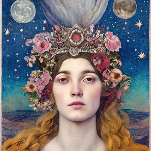 Prompt: queen of the moon with stars in her hair, by annie swynnerton and tino rodriguez and nicholas roerich and lucien freud and jean delville and tom bagshaw, dramatic lighting, floral tattoos, rich colors, smooth sharp focus, extremely detailed, adolf wolfli