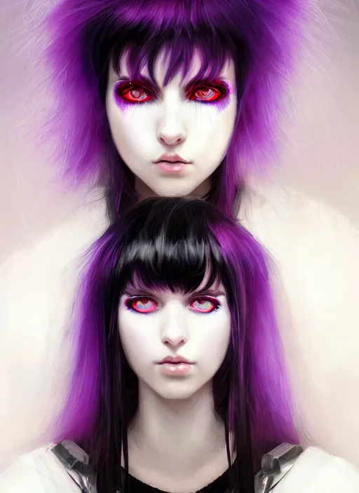 Image similar to whitebangs, black hair, black cyberlox, portrait of normal teenage girl, normal face, white bangs, fluffy bangs, cyberlox, whitebangs, red contact lenses, purple background, intricate, elegant, highly detailed, digital painting, artstation, concept art, sharp focus, smooth, illustration, art by wlop, mars ravelo and greg rutkowski