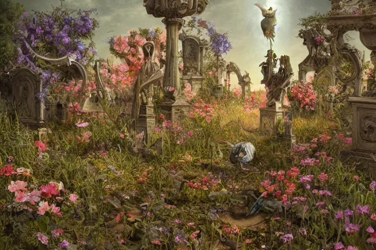 Prompt: 'Life from death' An aesthetic horror baroque painting depicting 'A graveyard with plants and flowers growing, birds and insects flying around' by Wayne Barlowe, Trending on cgsociety artstation, 8k, masterpiece, cinematic lighting, vibrant colors.