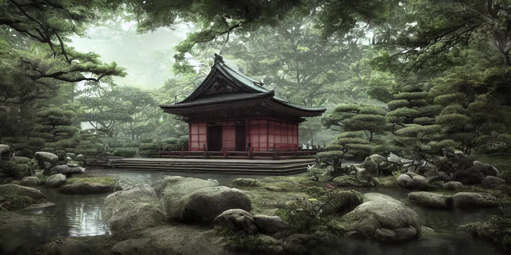 Image similar to a ancient japanese temple in the middle of a forest mear a small river, extremely highly detailed, high quality, 8K HDR, octane render, unreal engine 5, hyperrealistic, concept art, trending on Artstation, dramatic lighting, cinematic, high coherence, path tracing, ruins, clouds in the sky, singular building, centered