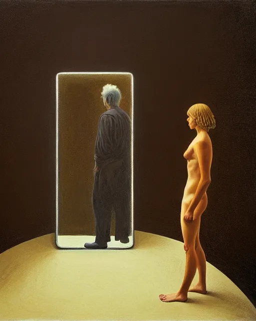 Image similar to man and woman, in the void, by the mirror, station, james gillard, zdislav bexinski, high detail alex colville, otto mueller, stephen conroy, andrea kowch, andrew newell wyeth, daniel meidman jussi picho octane rendering