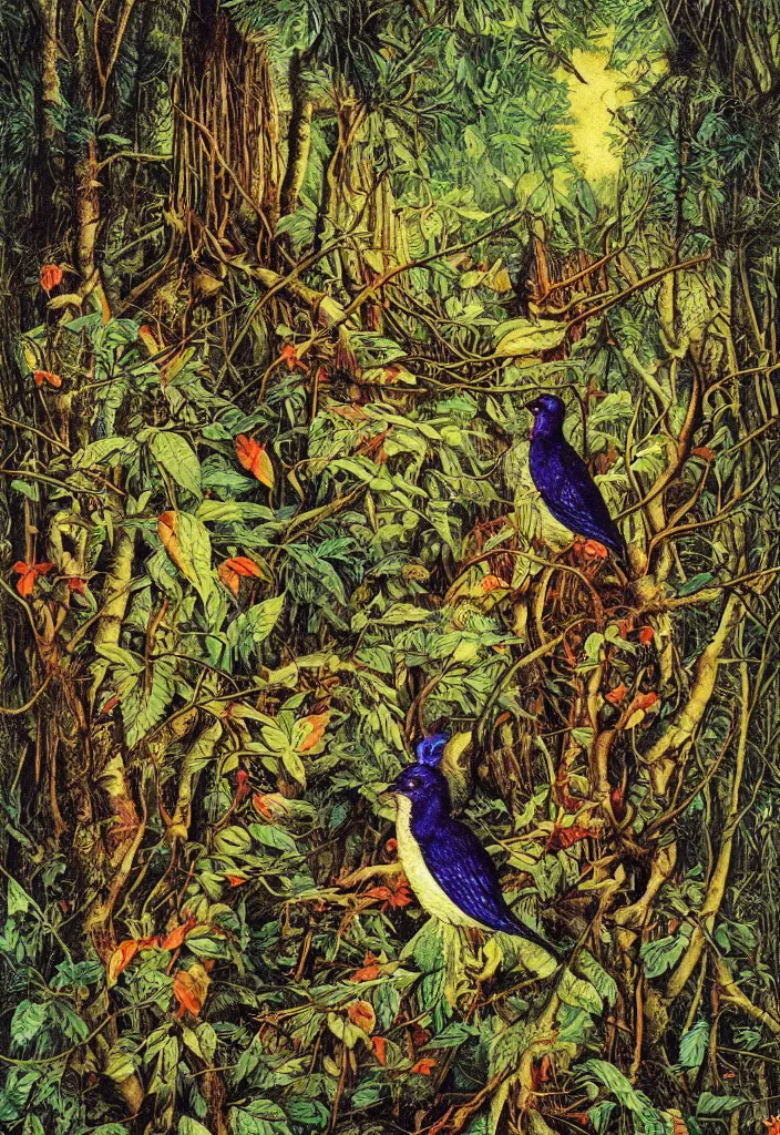 Image similar to a bird in a forrest in the style of patrick woodroffe, masterpiece, fantastic, High quality image