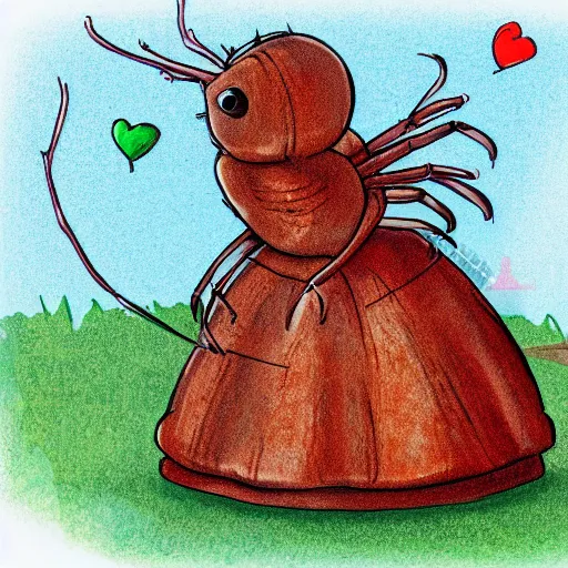 Prompt: cute cartoon woodlouse in a wedding dress