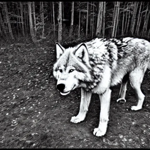 Image similar to trailcam footage of giant huge enormous wolf at night, black and white