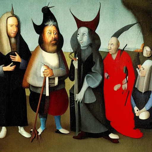 Prompt: Jerry Seinfeld and Company, painting by Hieronymus Bosch