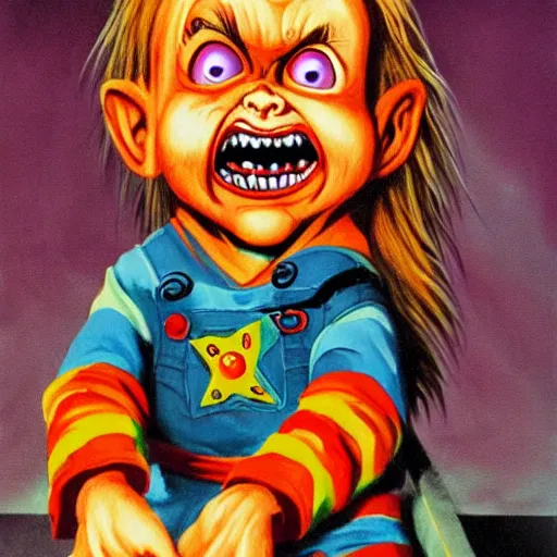 Image similar to fantasy painting of chucky by dr seuss | horror themed | creepy